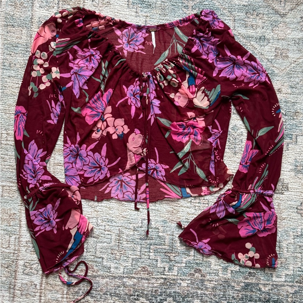 Free people OF PARADISE PALM COMBO Women's cropped LS Top SZ S burgundy New